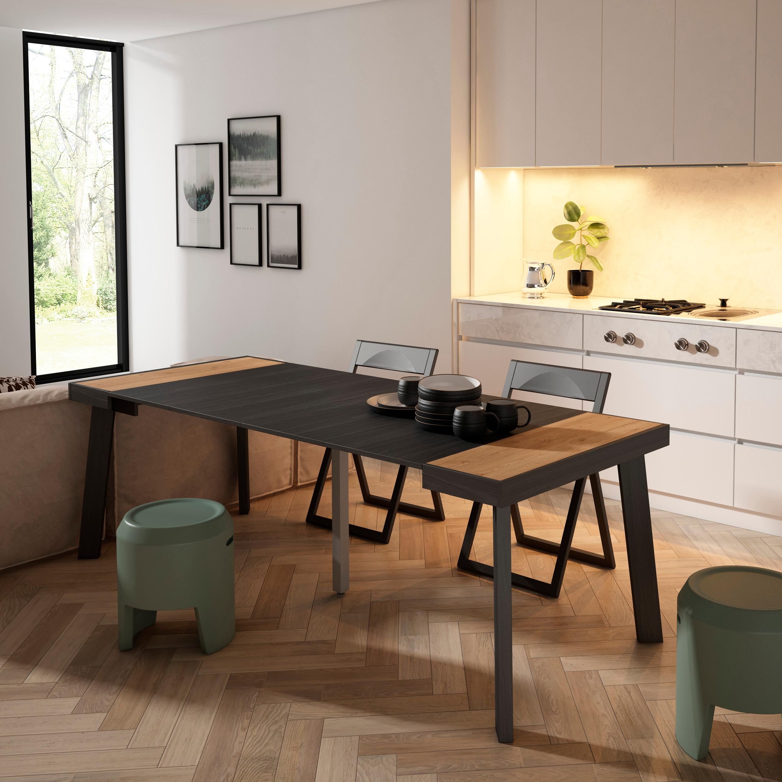 Consolle allungabile, 222x90x73cm, Per 10 persone, Gambe in legno, colore Rovere e nero RF3080