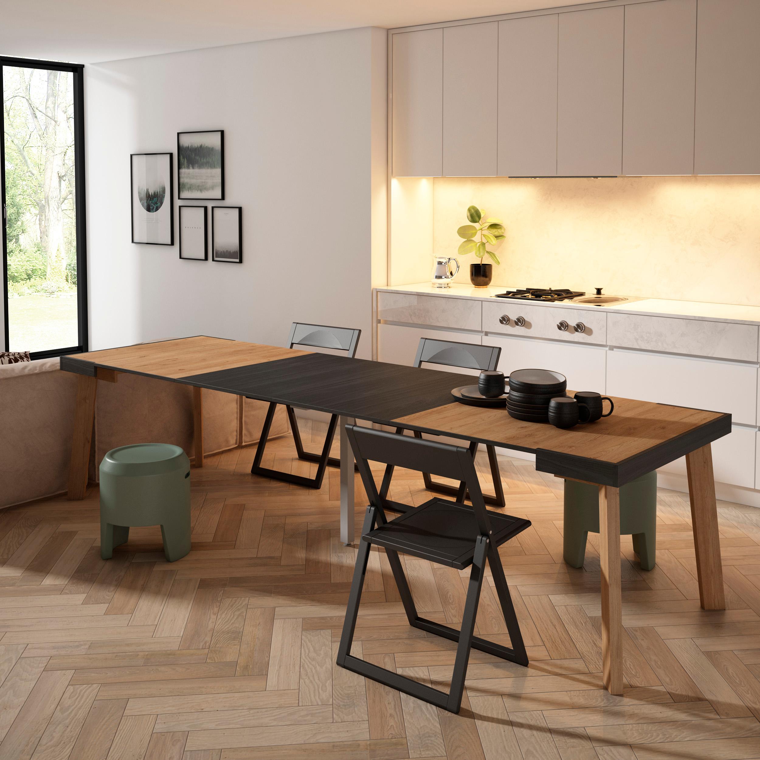 Consolle allungabile, 302x90x73cm, Per 14 persone, Gambe in legno, colore Rovere e nero RF3095