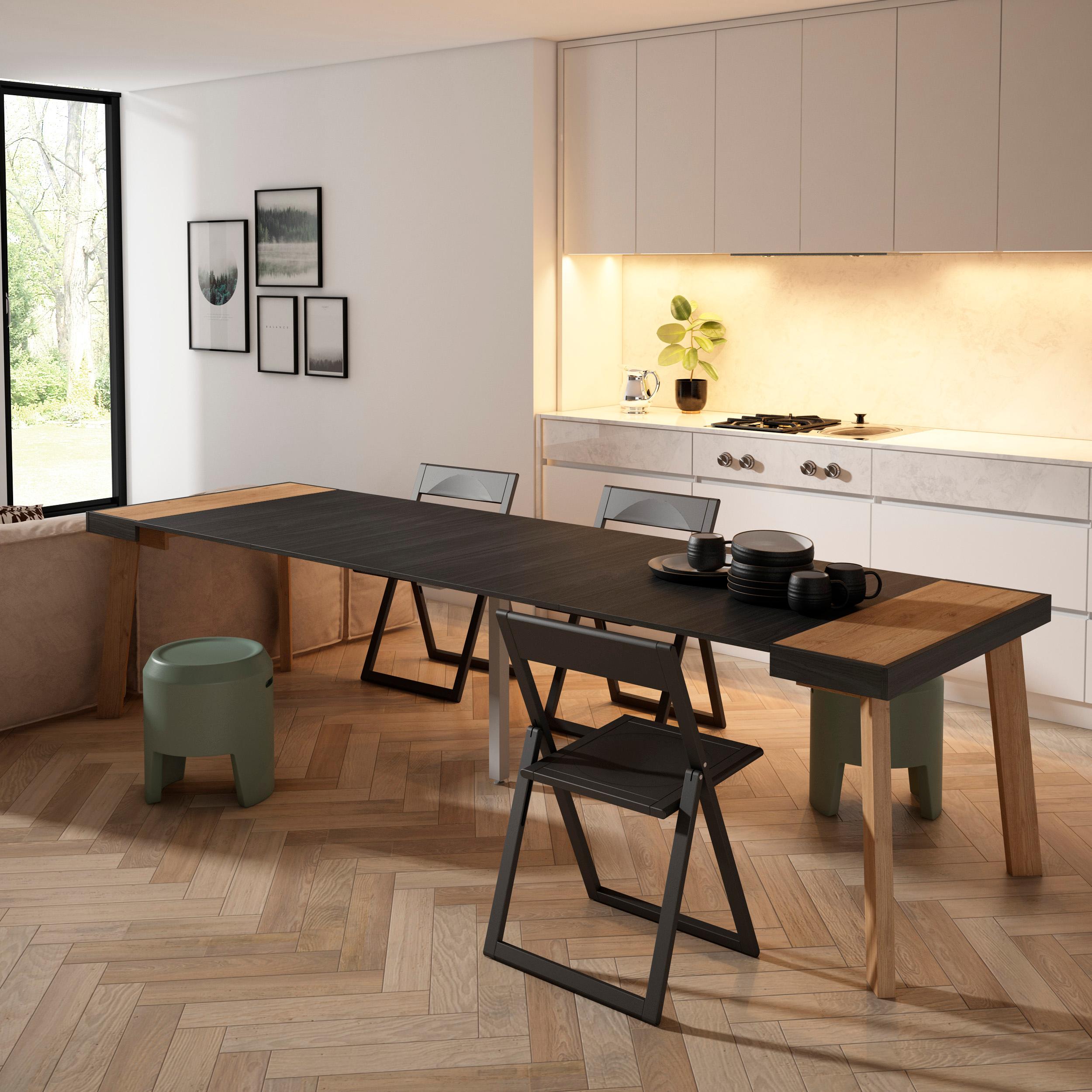 Consolle allungabile, 302x90x73cm, Per 14 persone, Gambe in legno, colore Rovere e nero RF3097