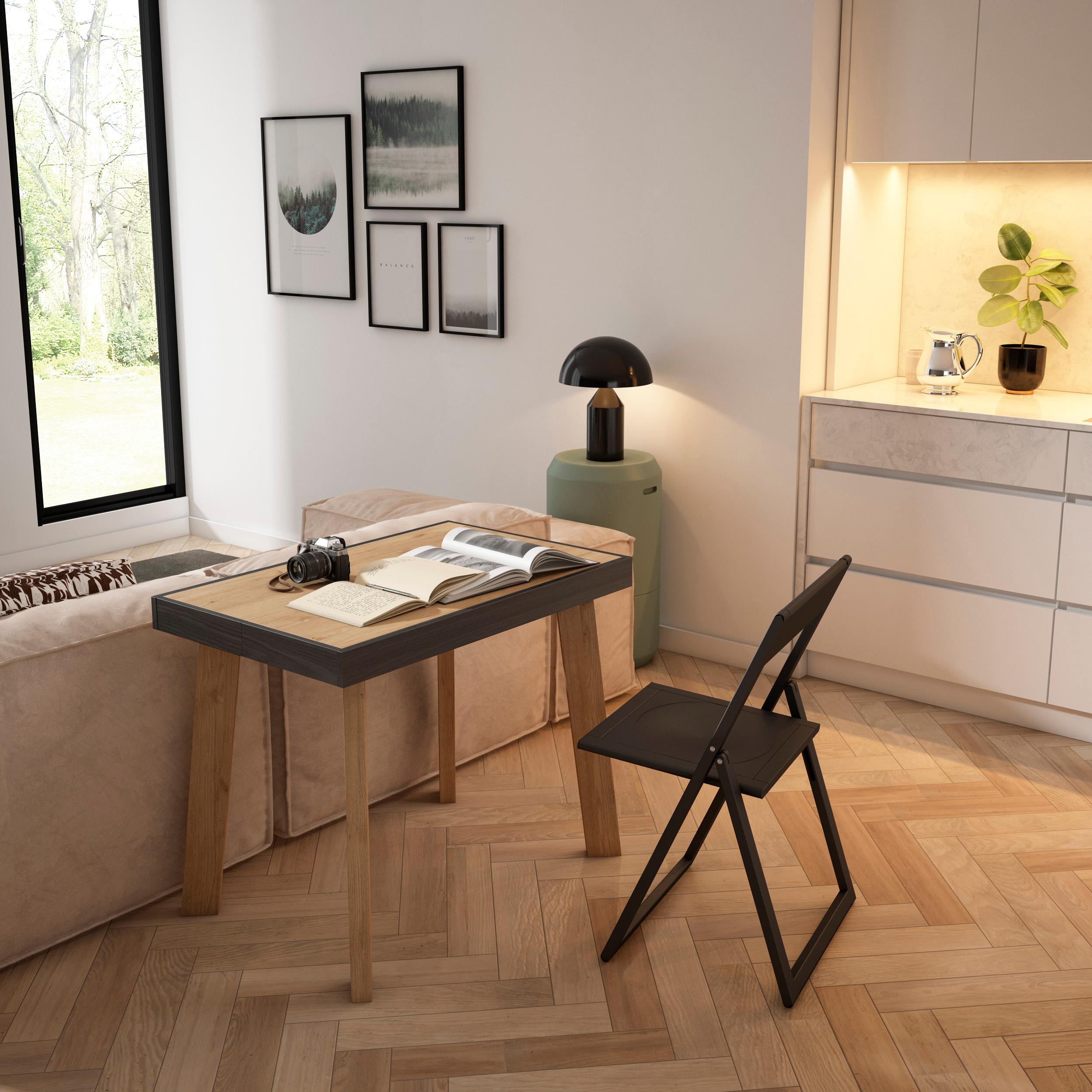 Consolle allungabile, 302x90x73cm, Per 14 persone, Gambe in legno, colore Rovere e nero RF3097