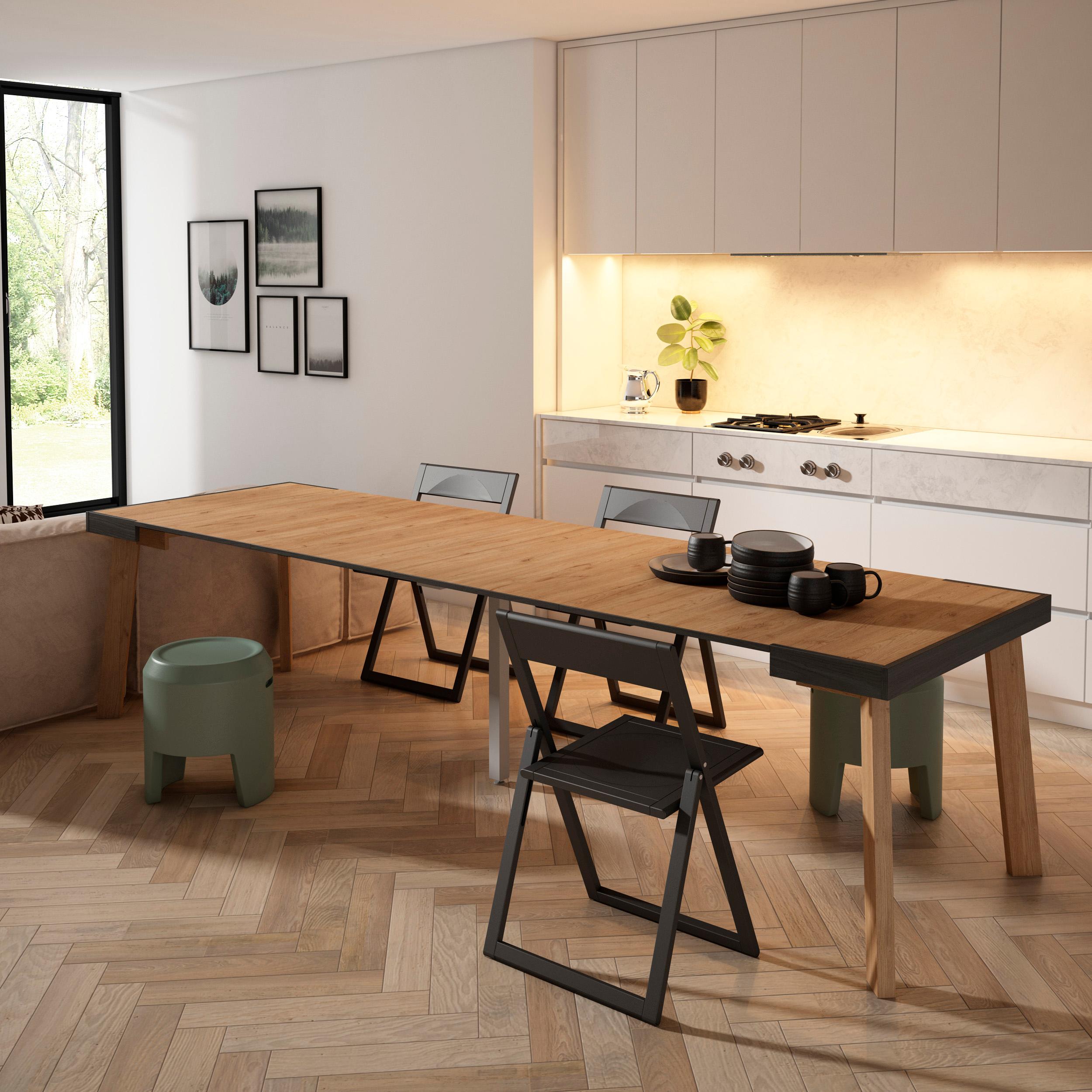 Consolle allungabile, 302x90x73cm, Per 14 persone, Gambe in legno, colore Rovere RF3094