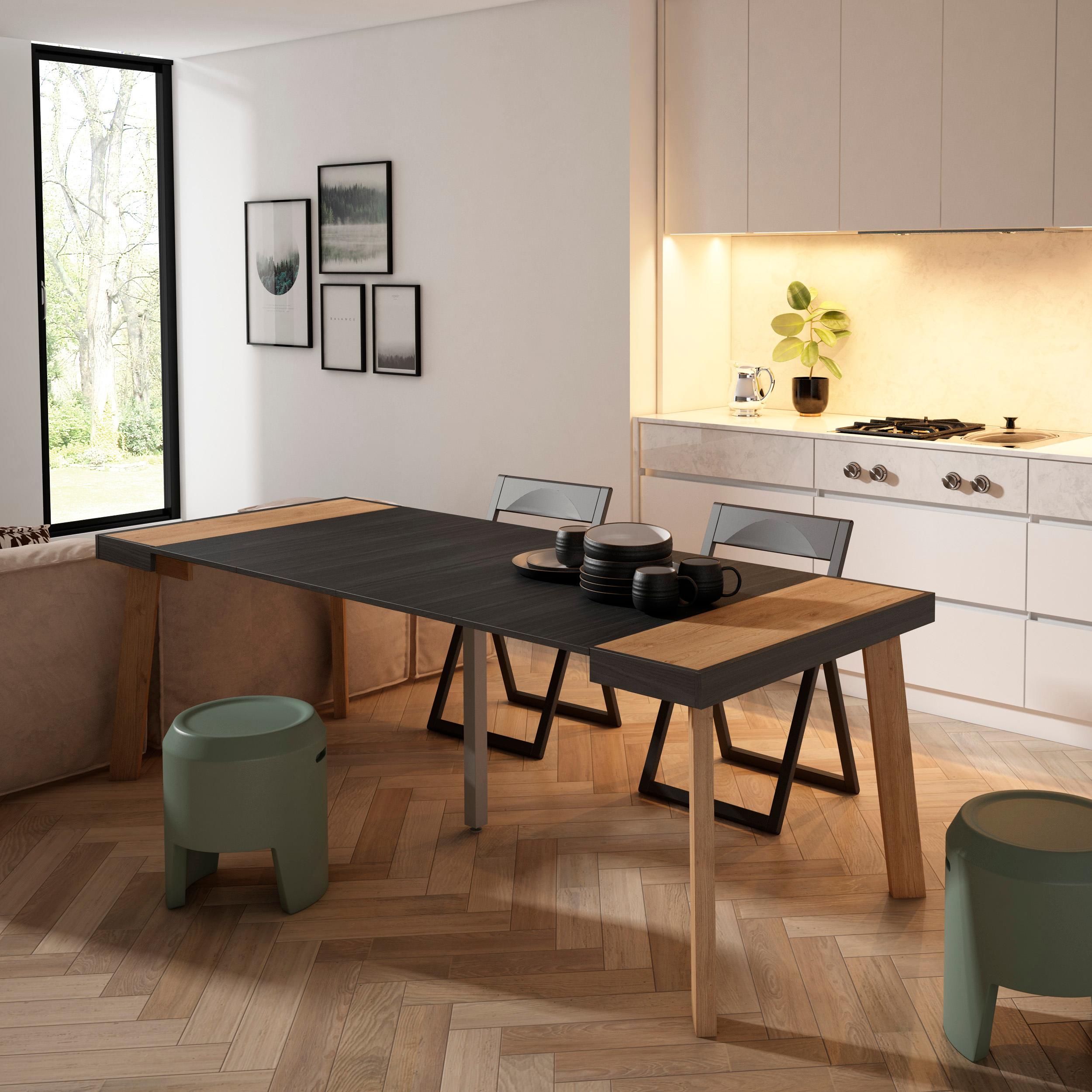 Consolle allungabile, 222x90x73cm, Per 10 persone, Gambe in legno, colore Rovere e nero RF3062