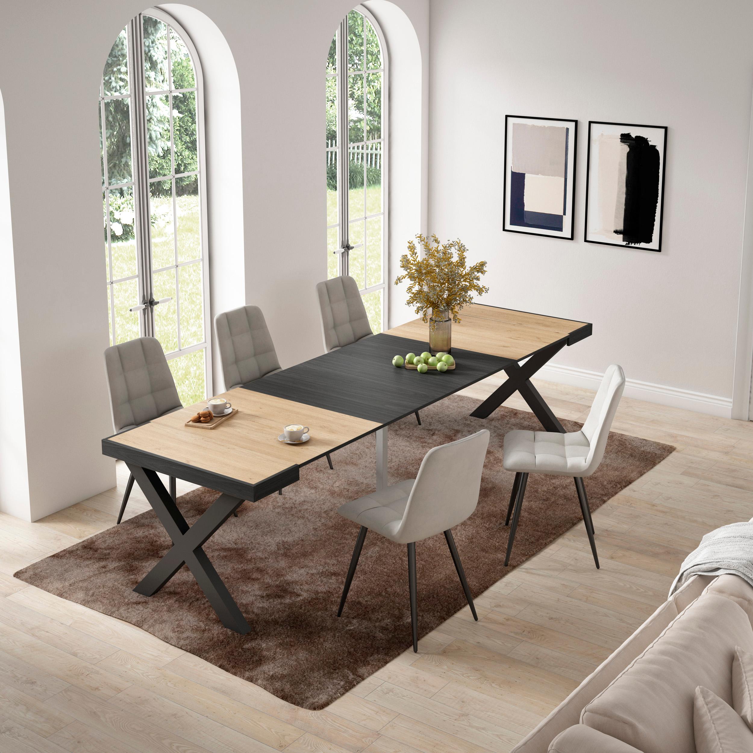 Consolle allungabile, 58 fino 302x90x73cm, Per 14 persone, Gambe in legno, colore Rovere e nero RF2835