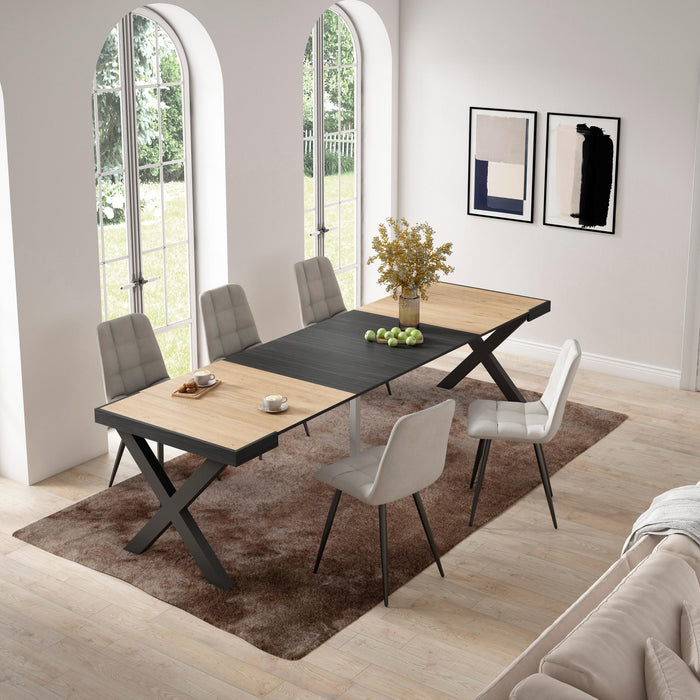 Consolle allungabile, 58 fino 302x90x73cm, Per 14 persone, Gambe in legno, colore Rovere e nero RF2835