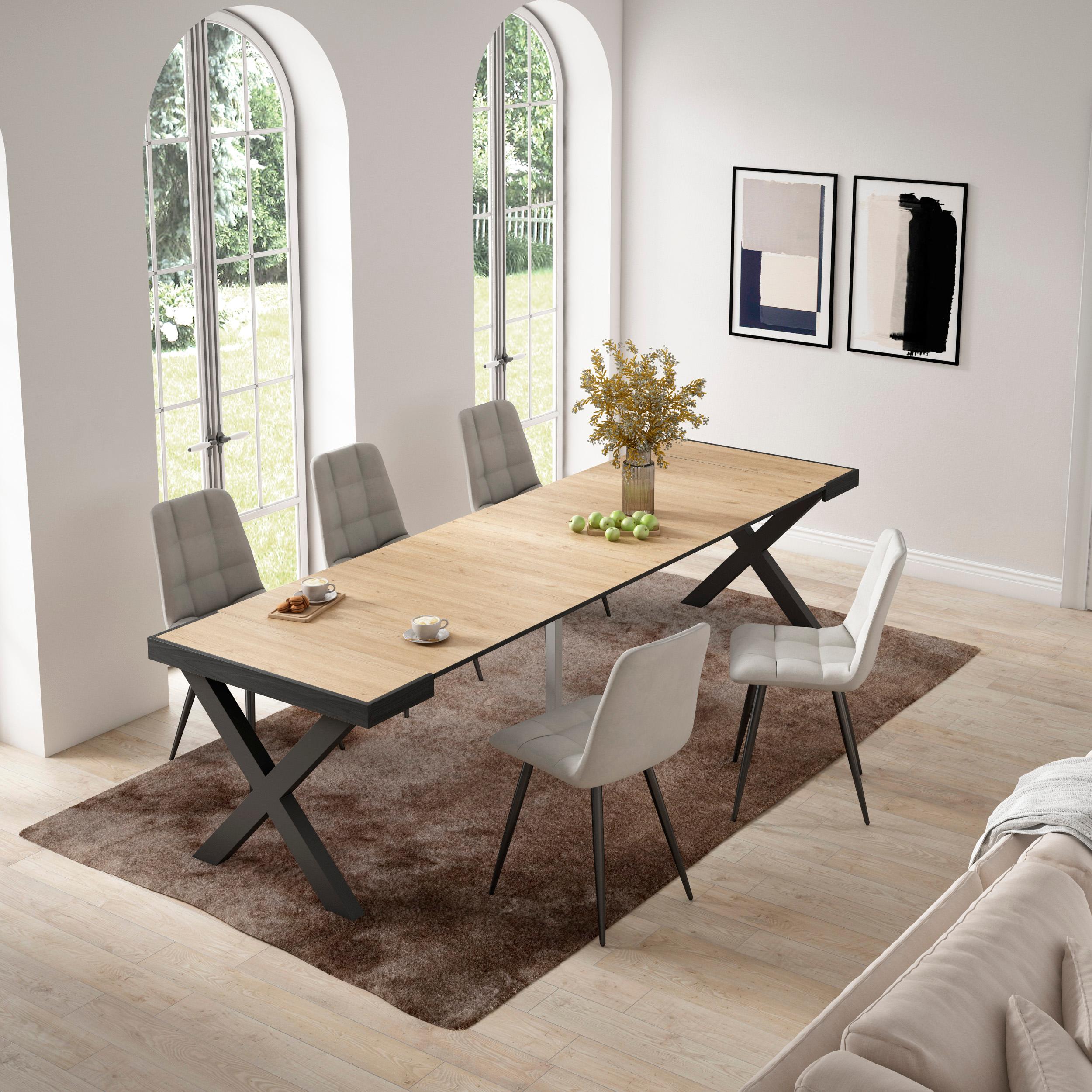 Consolle allungabile, 58 fino 302x90x73cm, Per 14 persone, Gambe in legno, colore Rovere RF2834