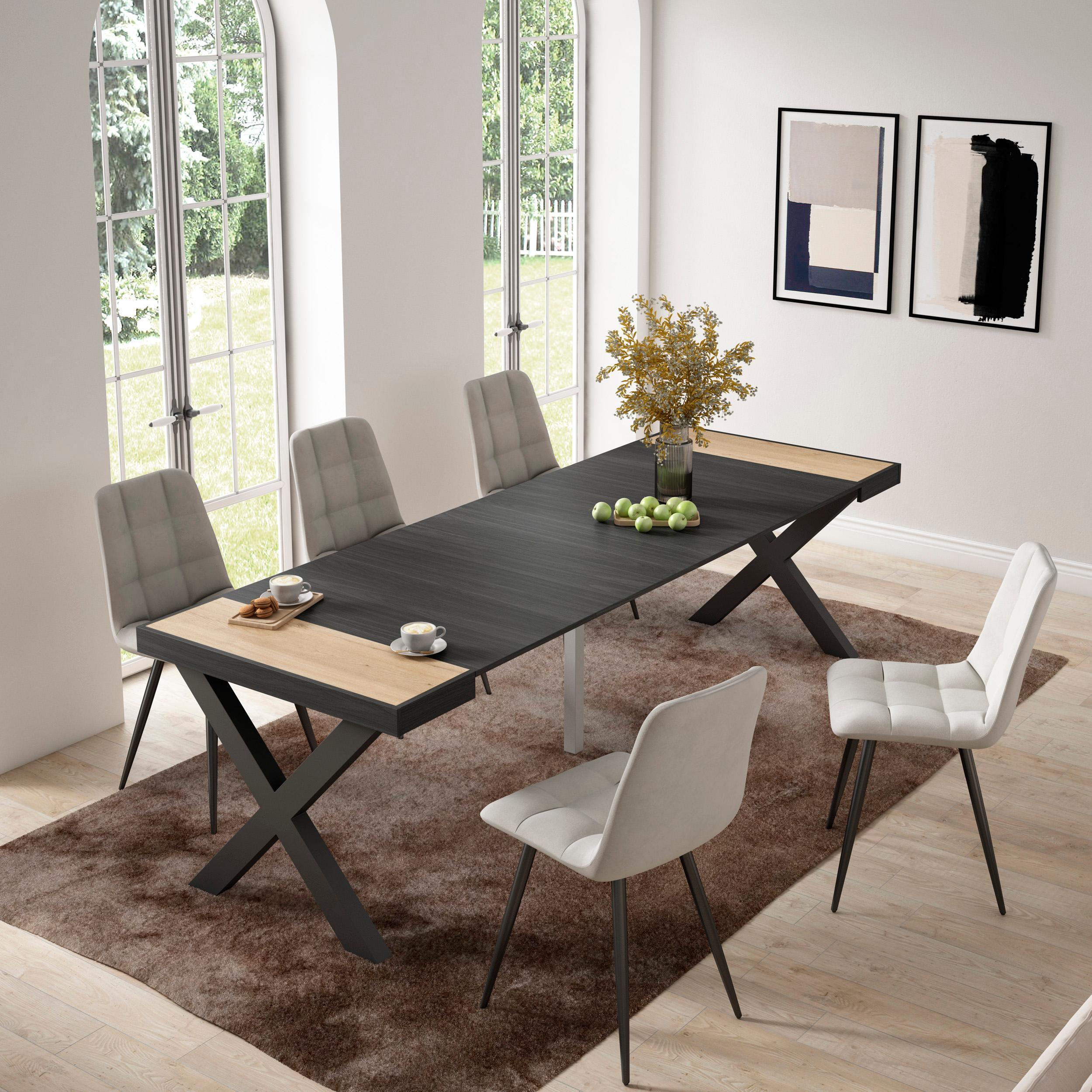 Consolle allungabile, 58 fino 262x90x73cm, Per 12 persone, Gambe in legno, colore Rovere e nero RF2809