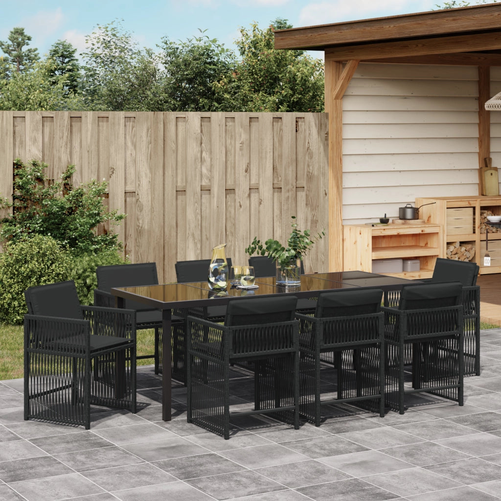 Set da pranzo da giardino con cuscini neri in polyrattan
