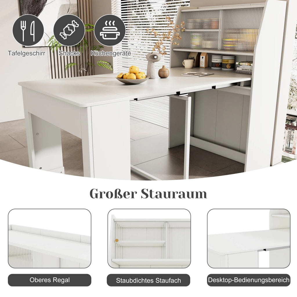 Tavolo da pranzo allungabile con vano contenitore e ripiani, per sala da pranzo, in truciolare e vetro, bianco