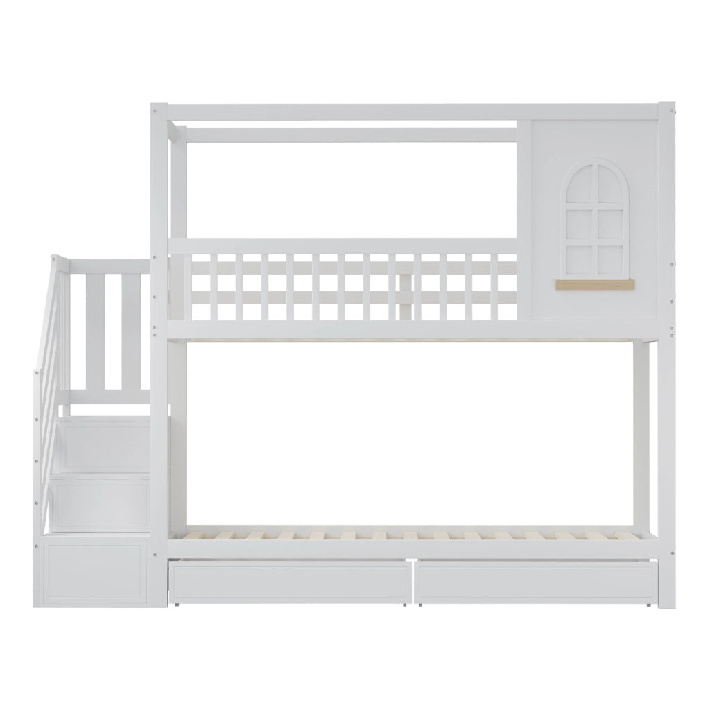 Letto a castello 90x200 cm con scala di sicurezza e cassetti in legno bianco