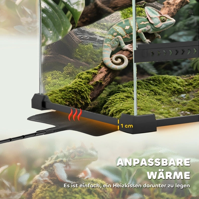Terrario in vetro per rettili, base rialzata e impermeabile, chiusura a pulsante.