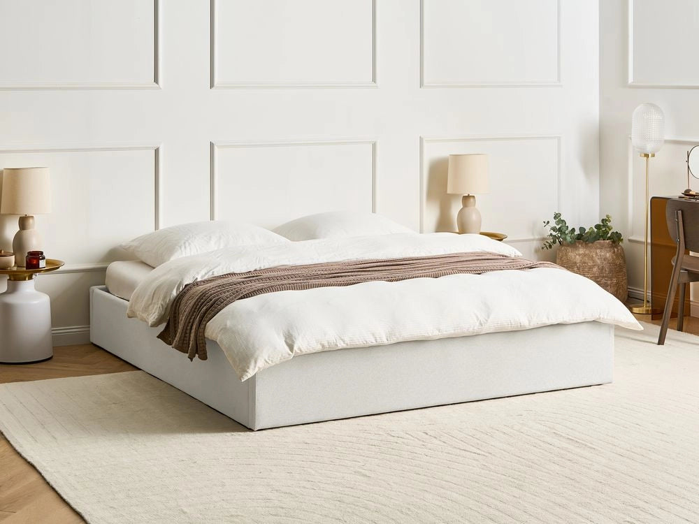 Letto matrimoniale con contenitore in tessuto beige chiaro 180 x 200 cm portaoggetti stile moderno