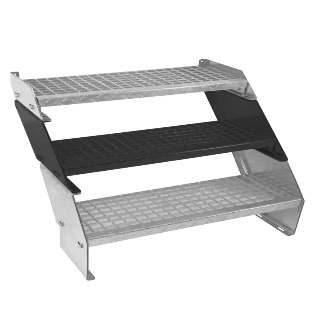 Scala in metallo a 2 livelli regolabile in altezza 60 cm di larghezza Acciaio zincato argento 2 gradini regolabili Griglia resistente alle intemperie Spessore asta 5 mm Kit di fissaggio GRATUITO