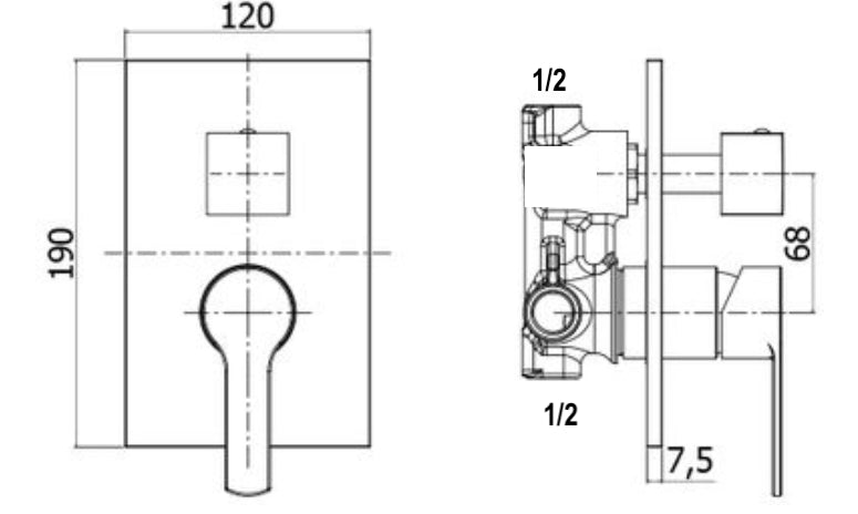 Miscelatore incasso doccia quadrato square moderno, con deviatore 2 uscite