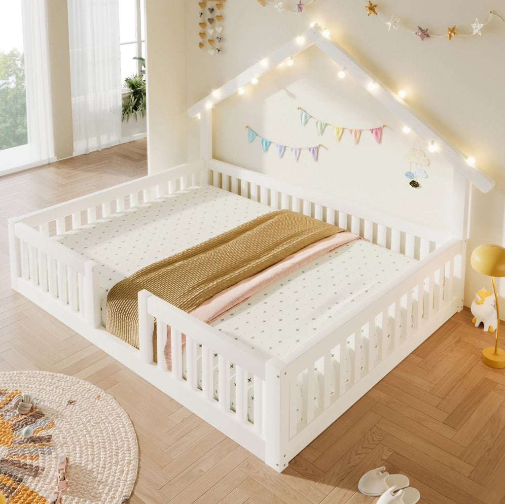 Letto a pavimento a casetta per bambini 140x200 cm con LED e barriera di sicurezza; bianco