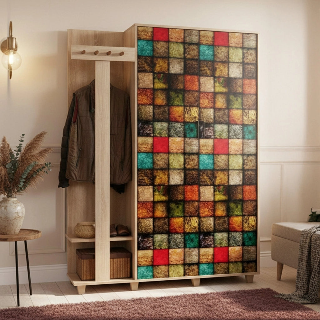 Mobile da ingresso Liana, Entratina appendiabiti, Composizione per atrio, Consolle portaoggetti multifunzione, 135x36h194 cm, Quercia e Multicolore