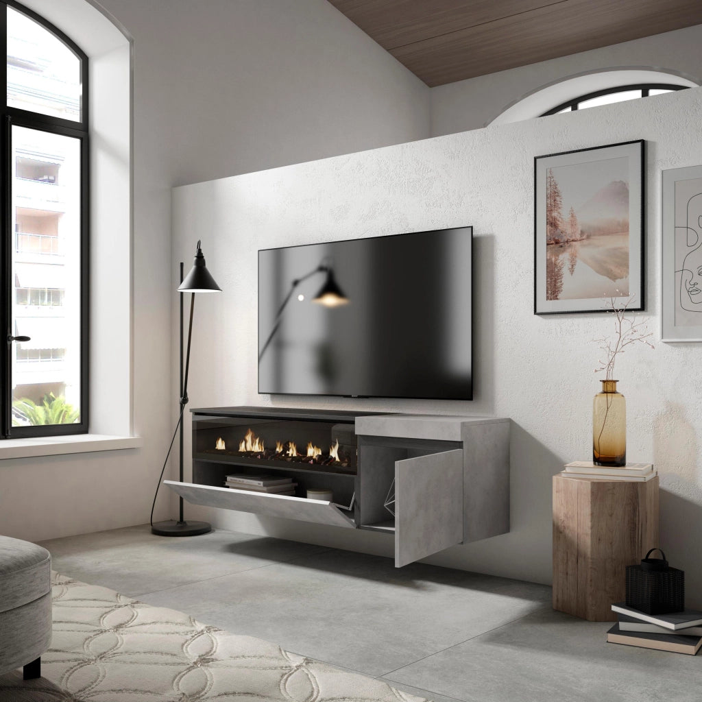 Mobile TV Soggiorno, 150x35x45cm, Per TV fino a 65", Camino elettrico, da appendere, grigio cemento RF2468