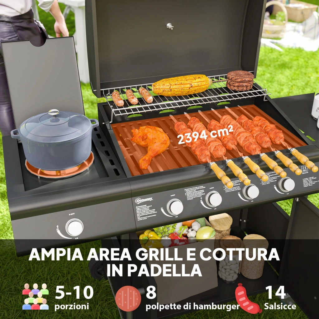 Barbecue a Gas con Fornello Laterale e Armadietto - Xylo - Acciaio e PP, 129.5x56x110 cm, Nero