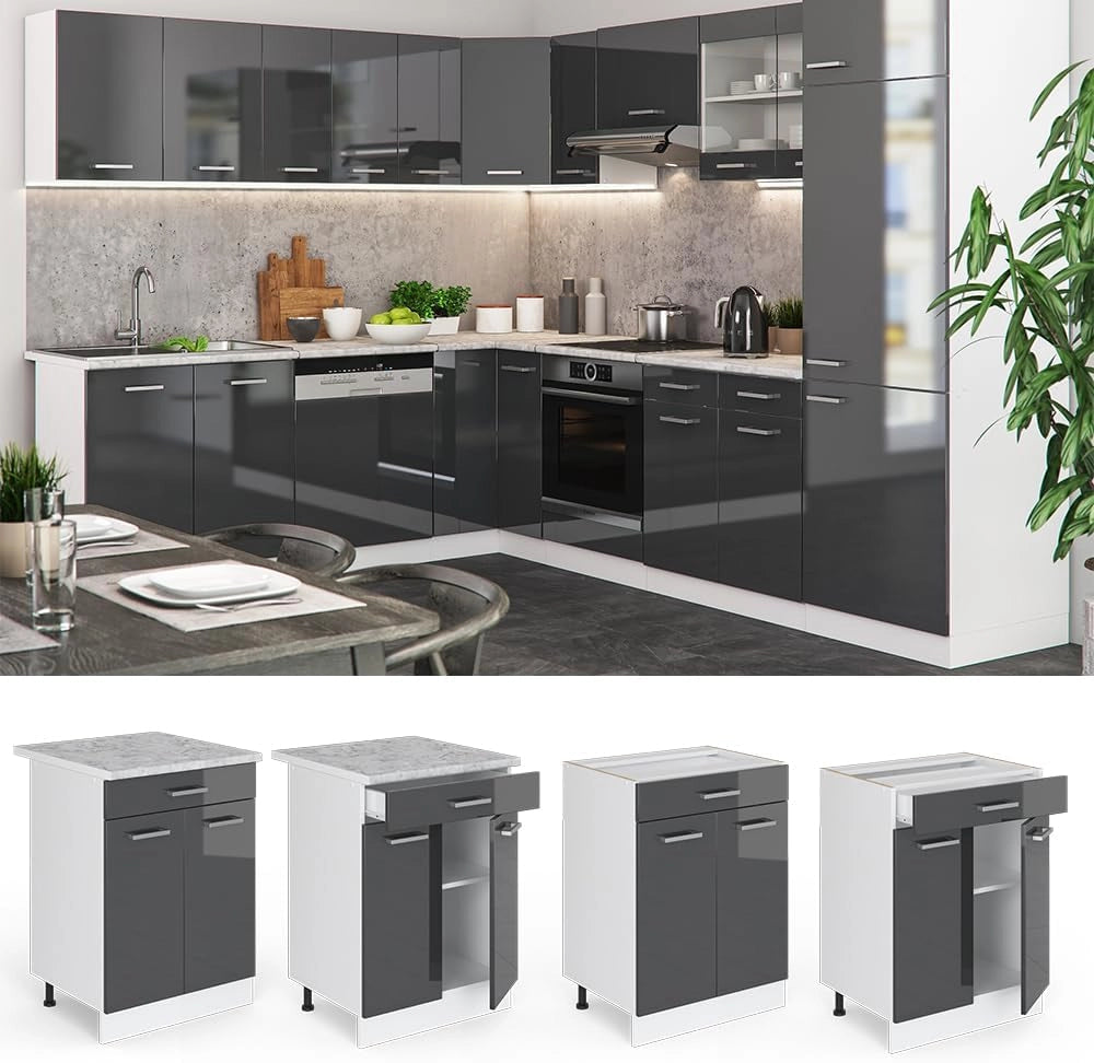 Mobiletto base per cucina R-Line, Antracite lucido, 60 cm con cassetto, senza piano di lavoro, per la libera combinazione all'interno di sistemi cucina modulari