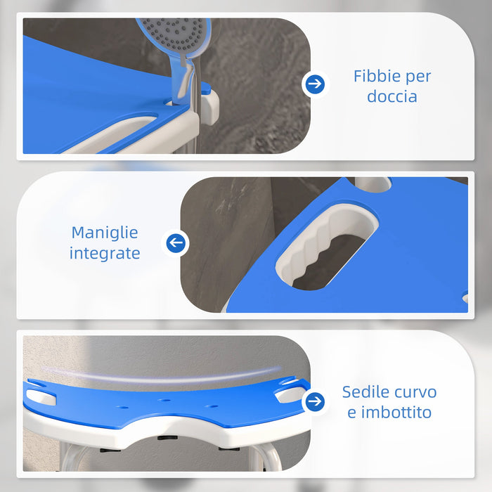 Sgabello da Doccia Regolabile in Altezza con Maniglione Seduta Imbottita a U e Piedini Antiscivolo Blu