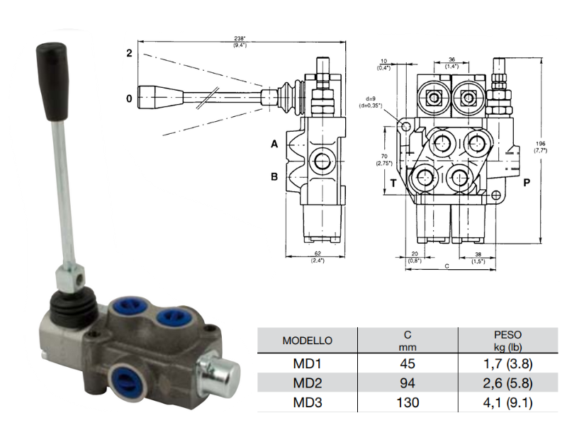 Distributore monoblocco in ghisa 1 leva 3/8 tipo MD - 80002