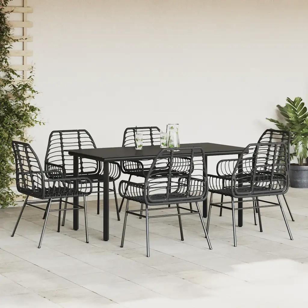 Set Pranzo da Giardino 7 pz Nero Polyrattan Vetro 3334538
