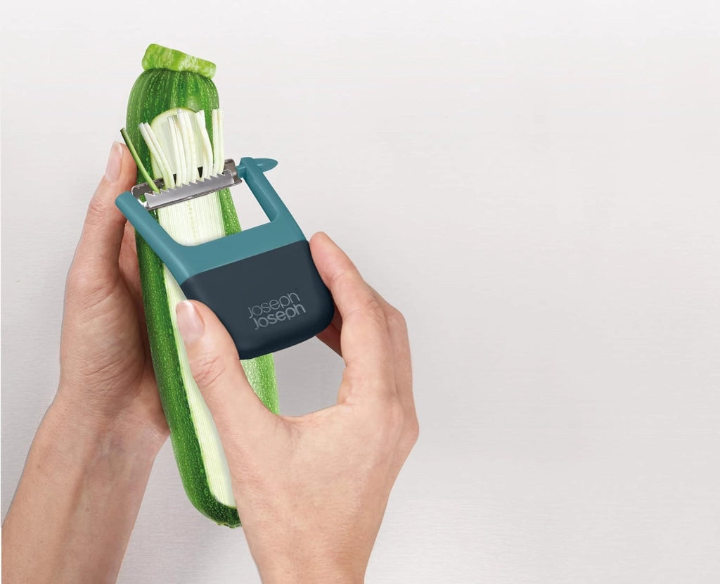Joseph Joseph Duo Pela Patate e Verdure Julienne, Taglia Verdure Multifunzione con Impugnatura Ergonomica Antiscivolo, Azzurro Scuro
