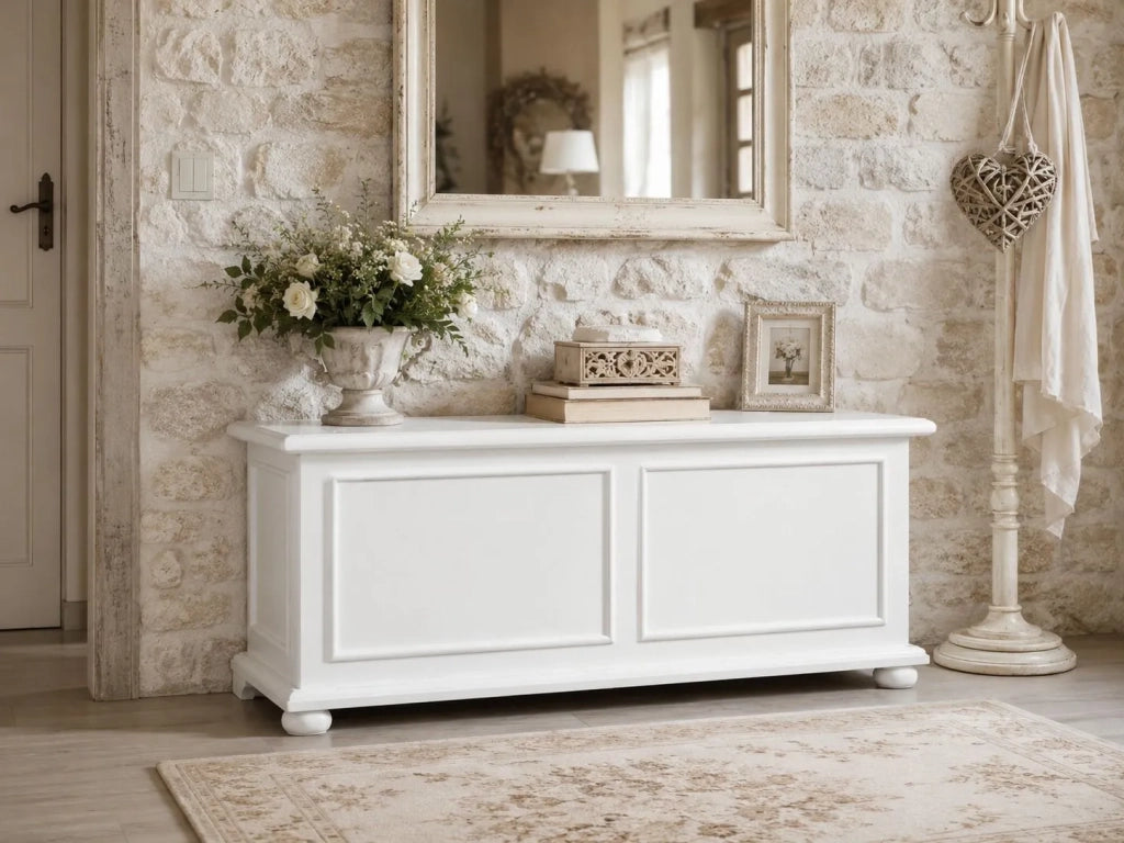 Cassapanca in legno bianco anticato shabby 120x42x50 - Mobili 2G
