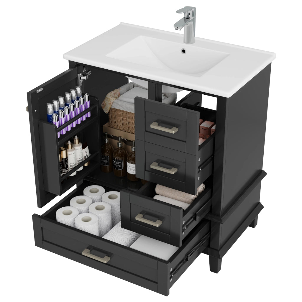 Mobile sottolavabo con lavabo in ceramica, 3 ante, 1 cassetto e ripiano regolabile, per bagno, nero, 76 × 45,5 × 83,5 cm