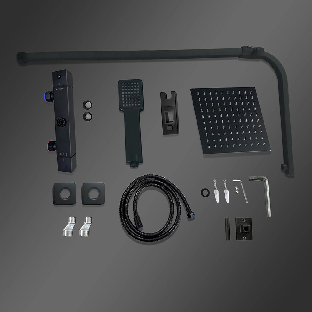 Colonne doccia nero, soffione doccia quadrato 20x20cm acciaio inox, miscelatore termostatico doccia rettangolo antiscottature