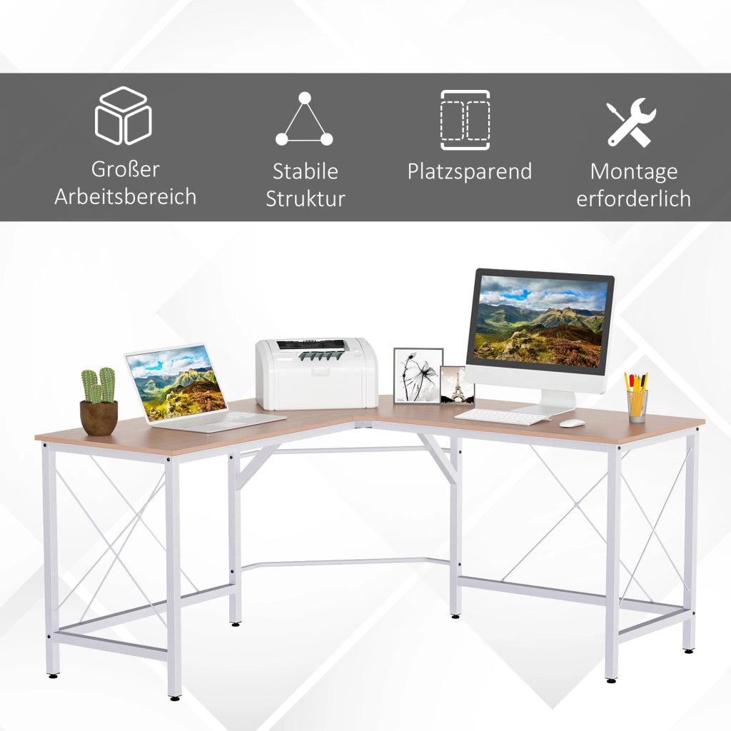 Scrivania angolare a L con ampia superficie, struttura in acciaio, per ufficio domestico e studio, naturale, 150 × 150 × 76 cm