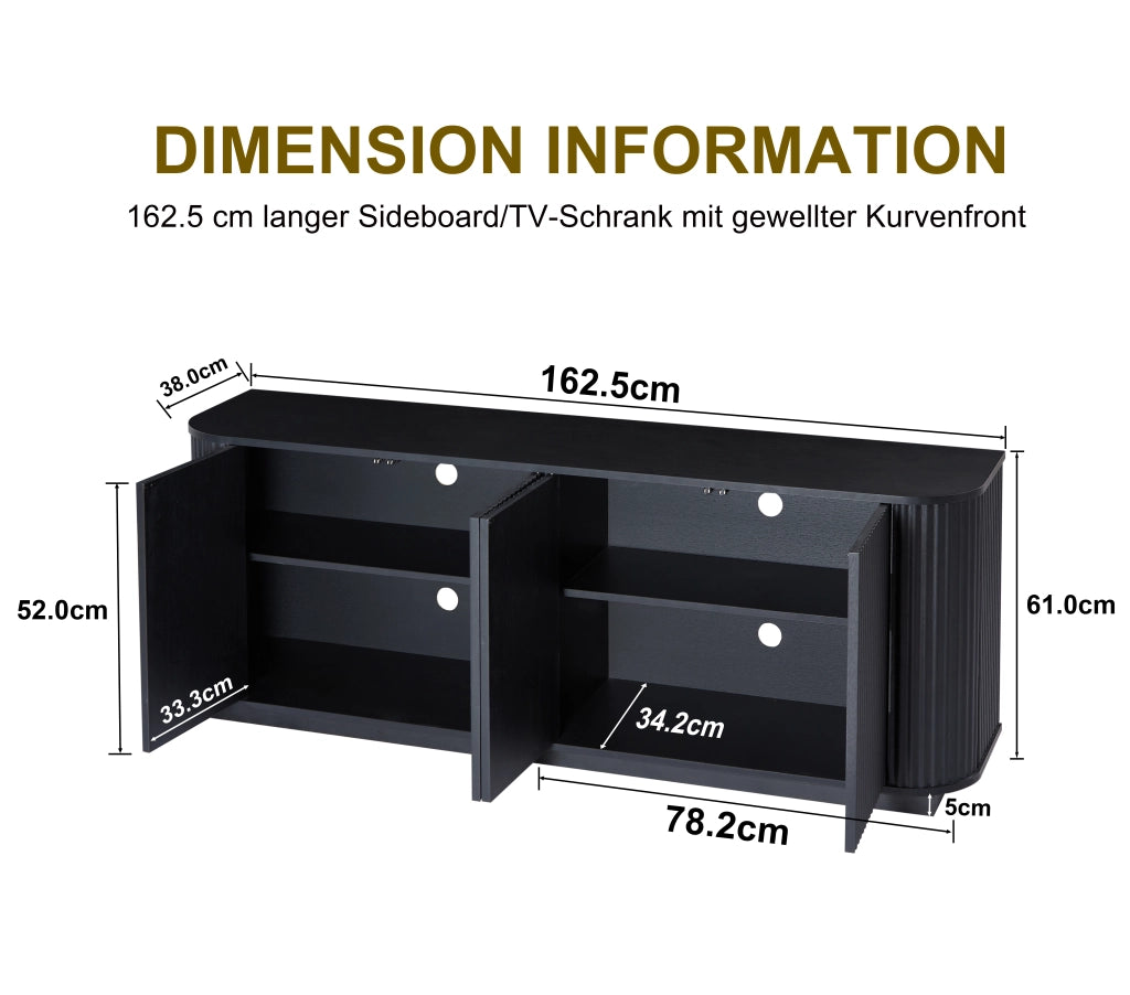 Credenza e madia con 4 ante e vani contenitore, per soggiorno e ingresso, in MDF, nero, 162.5 × 38 × 61 cm