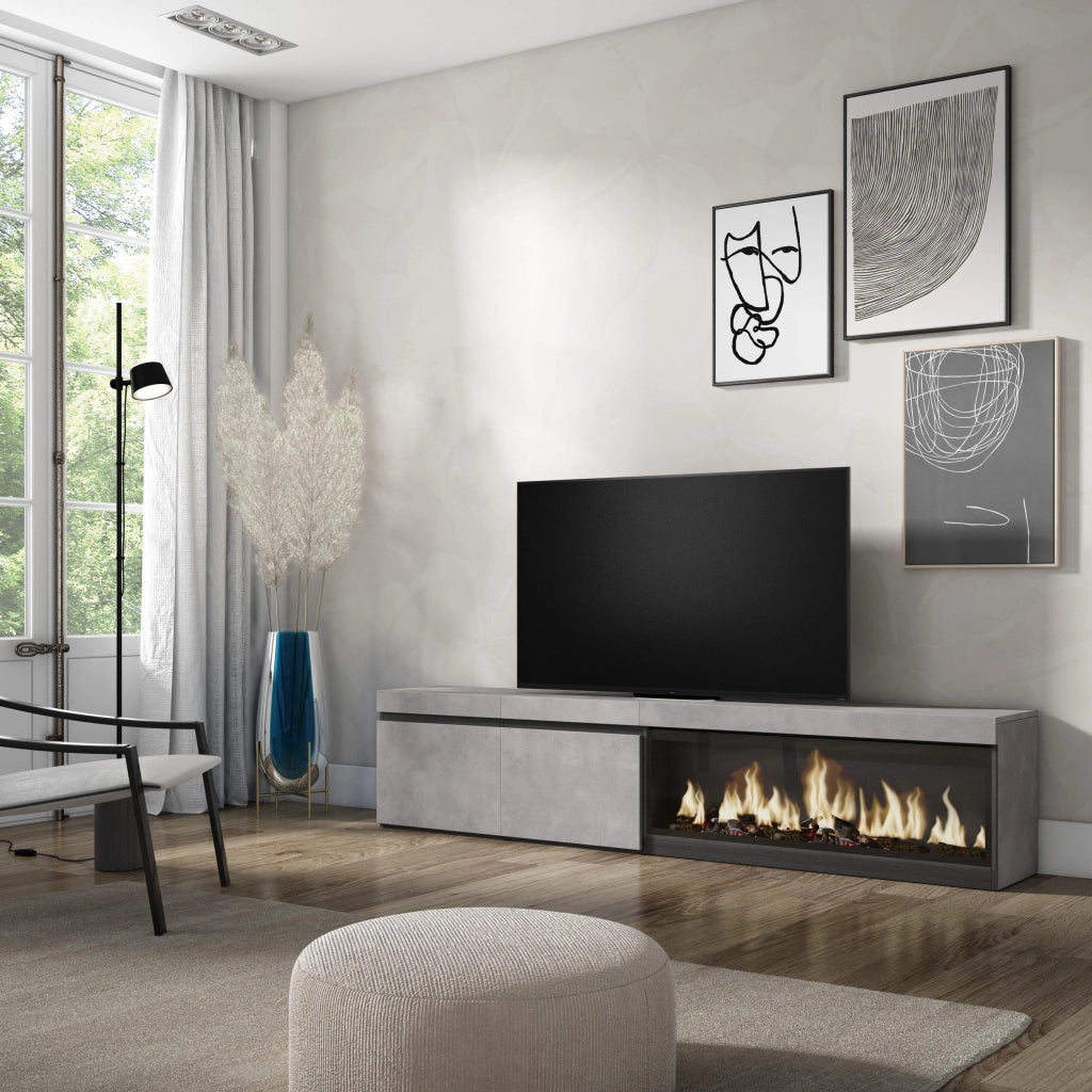 Mobile TV, Soggiorno, 208x35x45cm, Per TV fino a 80", Camino elettrico XXL, grigio cemento RF3210