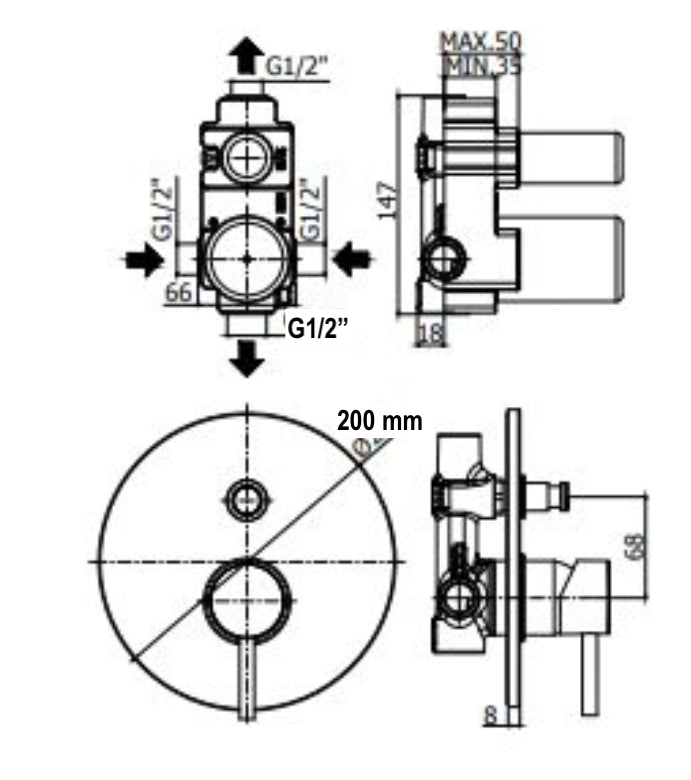Miscelatore doccia incasso doppia uscita con deviatore