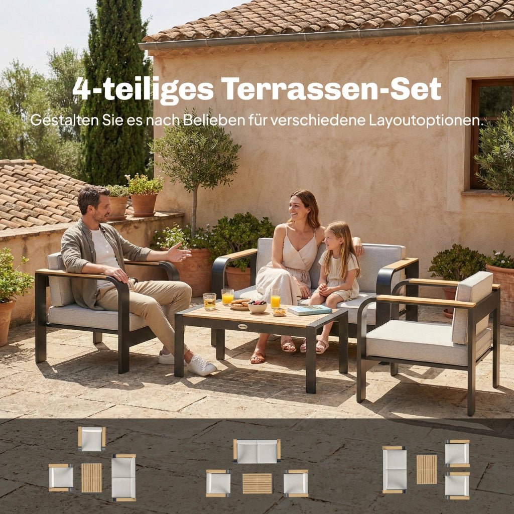 Set da giardino in alluminio a 4 posti; impermeabile; divano a 2 posti; 2 poltrone e tavolino laterale