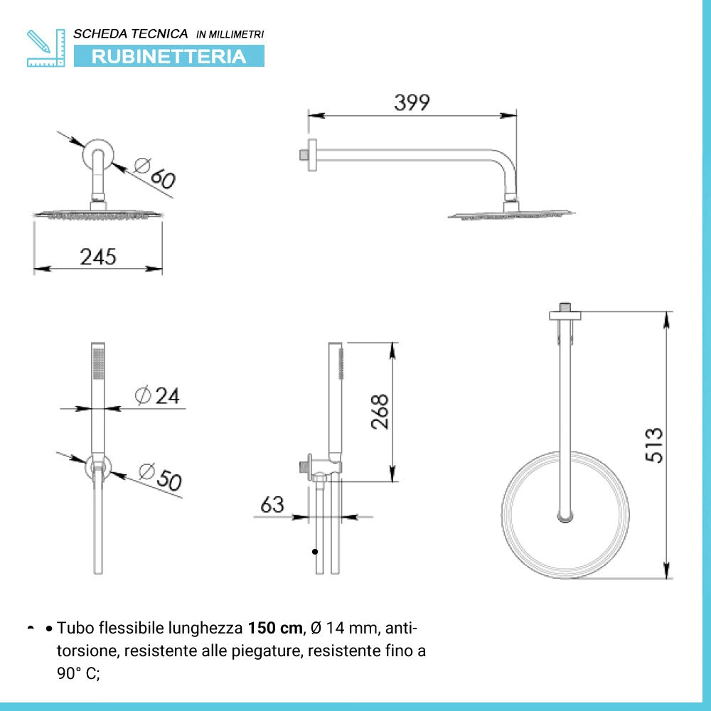 Set doccia con soffione 25 cm braccio 40 cm e kit doccetta in oro rosa Gedy
