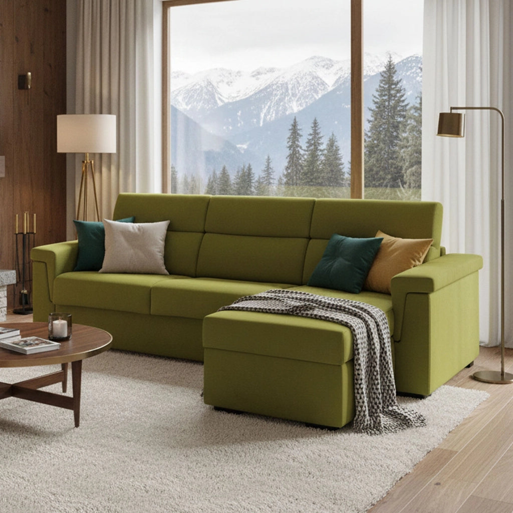 Ganzaria, Divano Letto con Penisola Sfoderabile Made in Italy, 285x160 cm Verde