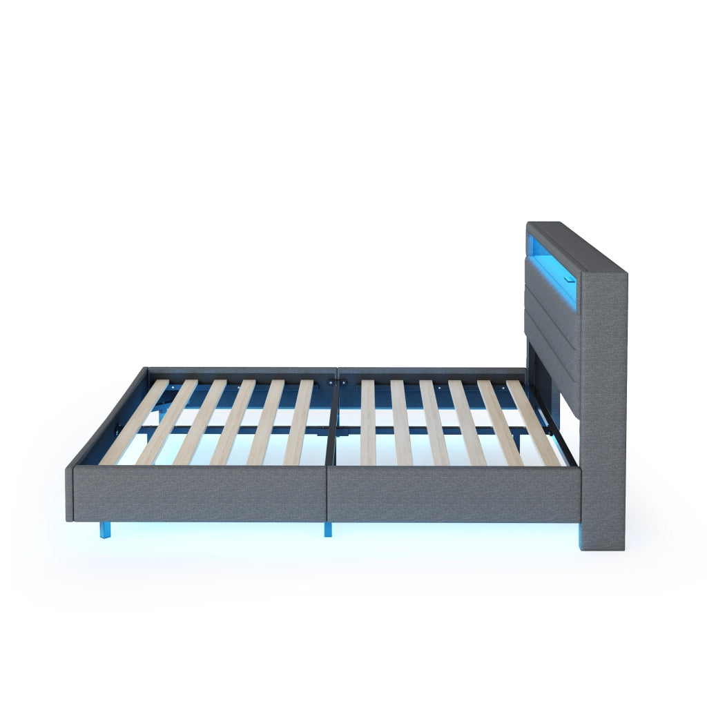 Letto imbottito 160x200 cm con USB e luci LED; tessuto effetto lino grigio (Senza materasso)