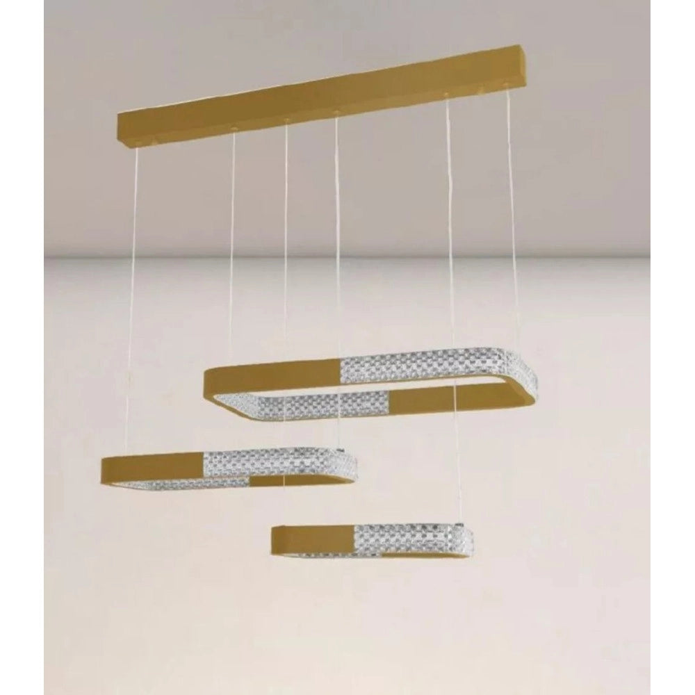 Trade Shop - Lampadario A Sospensione Led 68watt 3 Rettangoli Cristallo Telecomando Oro 32118 -