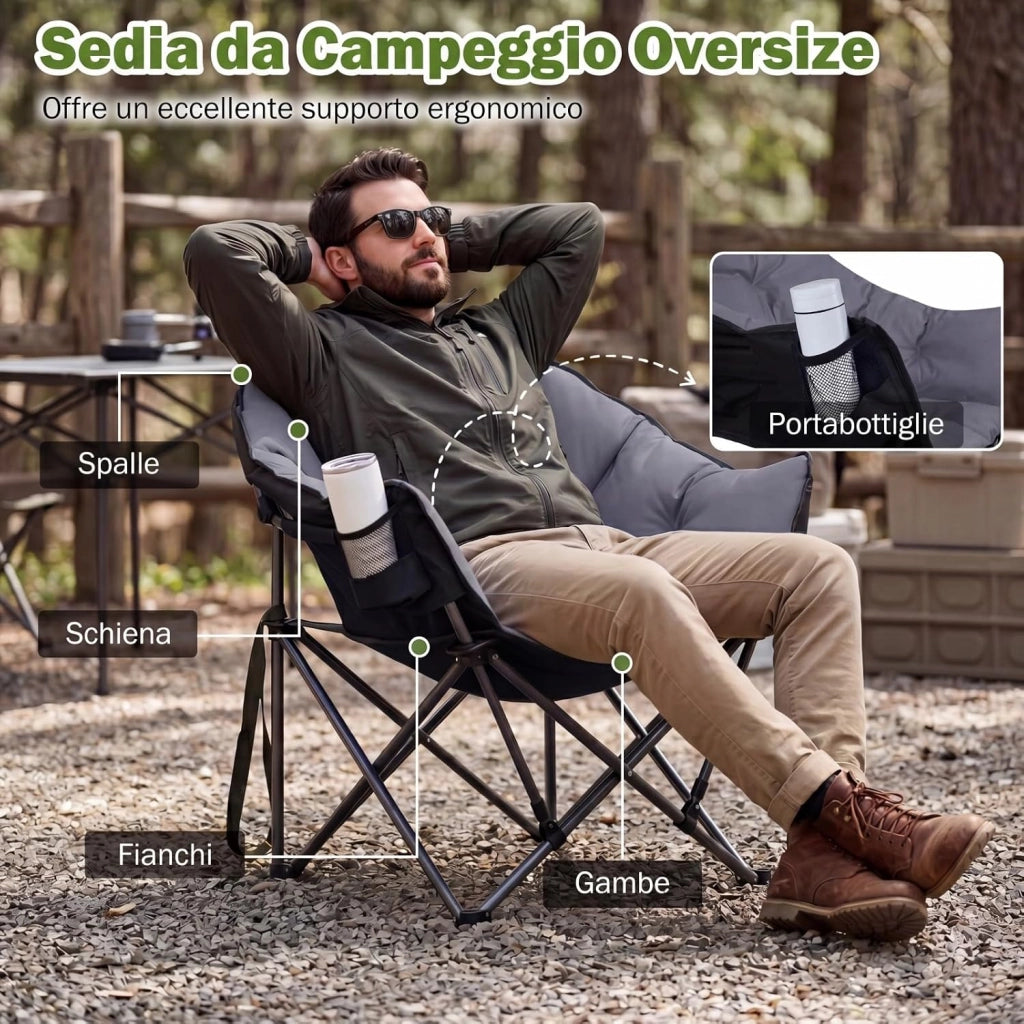 Sedia da Campeggio Pieghevole, Sedia da Pesca Portatile con Braccioli, Portabicchieri e Borsa da Trasporto, Portata 227 kg, per Esterno, per Picnic e Spiaggia, 74x90x99 cm (Grigio)