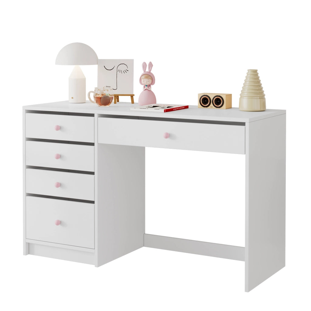 Scrivania lineare con 5 cassetti e maniglie in ceramica rosa, per cameretta e camera da letto, bianco, 120 × 45 × 74 cm