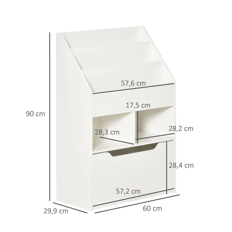 Libreria per bambini con cassetto, 3 ripiani e 2 vani aperti, bianca, 60 x 29,9 x 90 cm