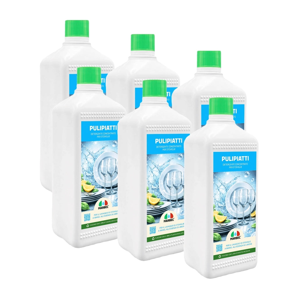 Detergente Piatti Concentrato, Sgrassa a Freddo, Risciacquo Rapido, Profumo Limone Marbec PULIPIATTI - 1LTx6Pz