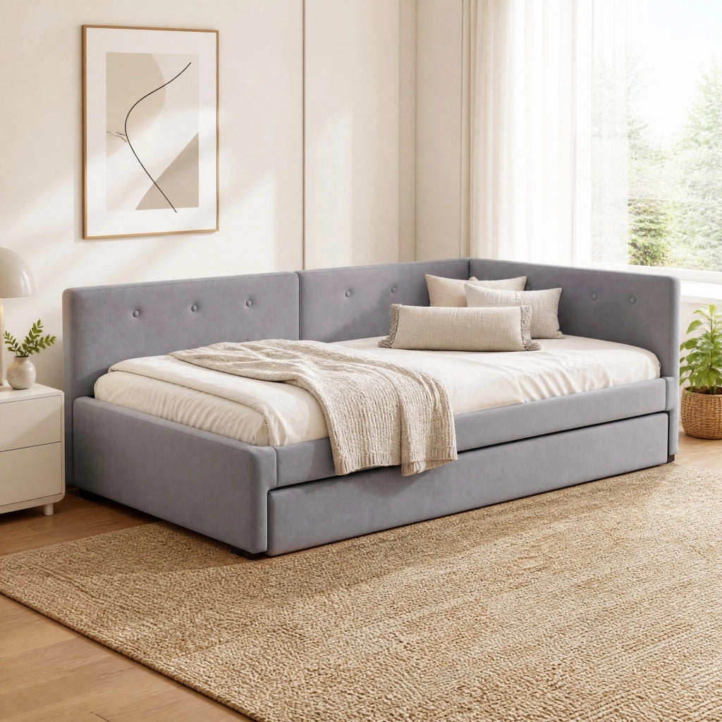 Letto singolo imbottito 90x200 cm con letto estraibile grigio