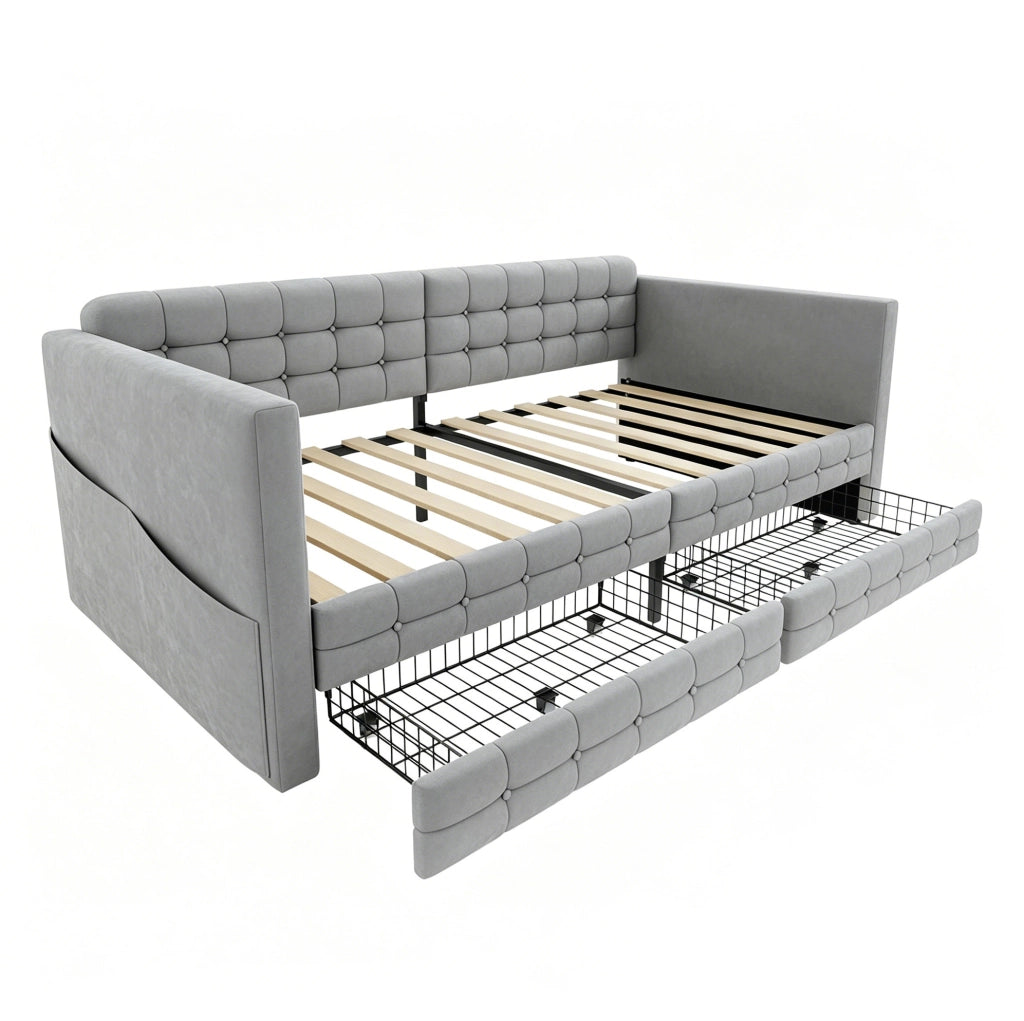 Letto imbottito singolo 90x190 cm in velluto grigio chiaro con 2 cassetti e tasche laterali
