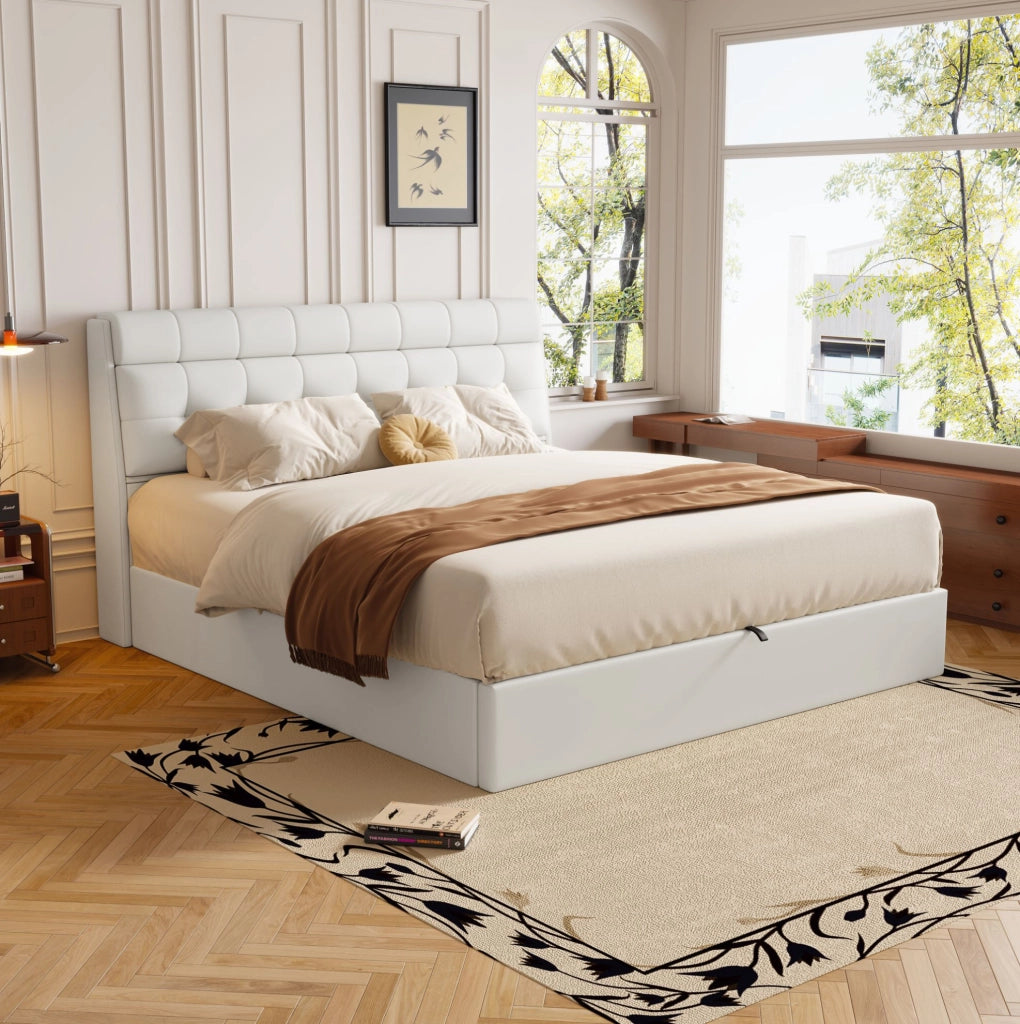 Letto imbottito 160x200 cm in PU bianco con contenitore; testiera con vano nascosto e rete a doghe