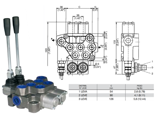 Distributore monoblocco in ghisa 2 leve 3/8 tipo ML predisposto per carry over - 80007