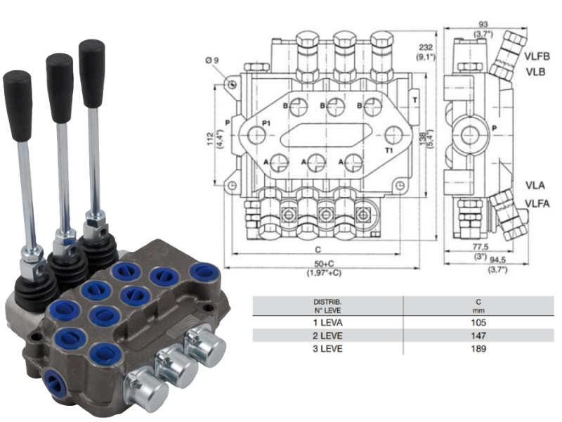 Distributore monoblocco in ghisa 3 leve 3/4 tipo DN 85 predisposto carry over - 81581