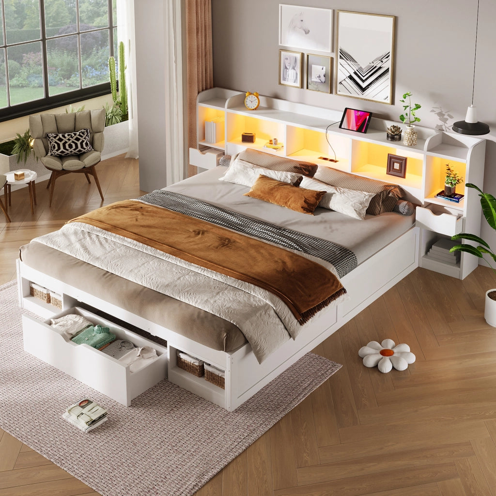 Letto matrimoniale a piattaforma 180x200 cm con vani e cassetti; LED bianco