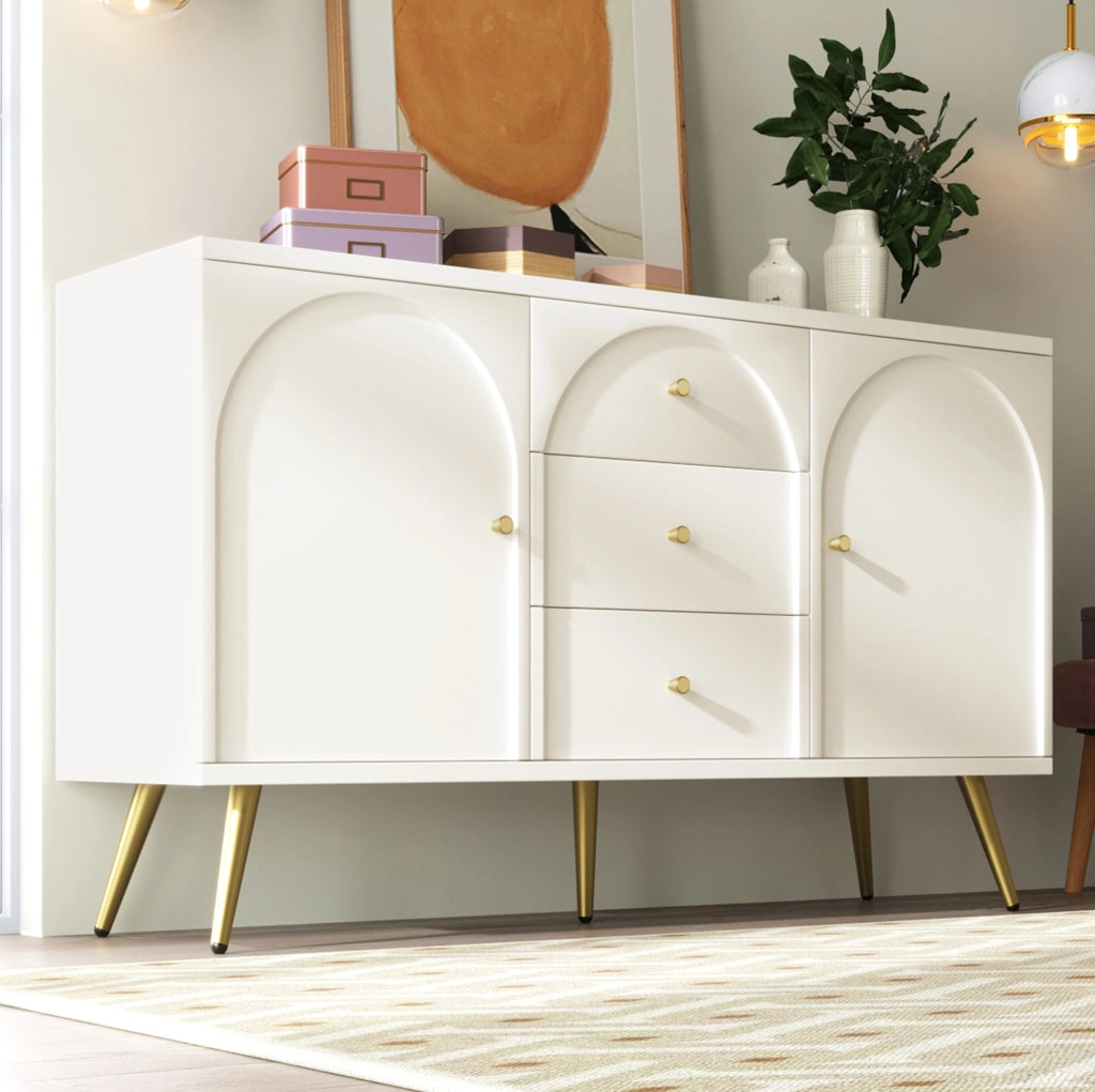 Credenza ULEVR 140x40x84 cm con 2 ante, 3 cassetti e ripiani regolabili, bianco crema