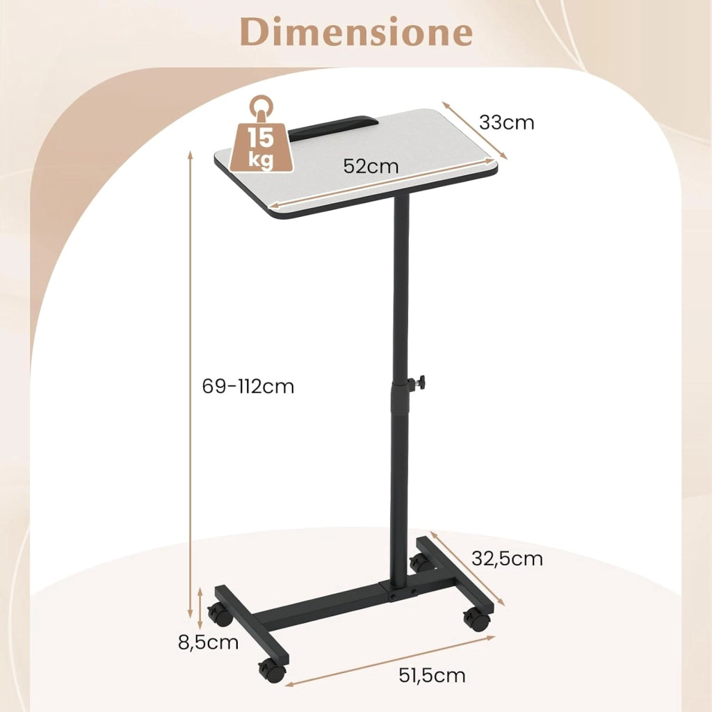 Tavolino Servitore con Altezza Regolabile, Ruote Bloccabili, Piano Girevole a 360° e Inclinabile con Fermo Bordo, Tavolino a Forma di C per Soggiorno, Camera da Letto e Studio (Grigio)